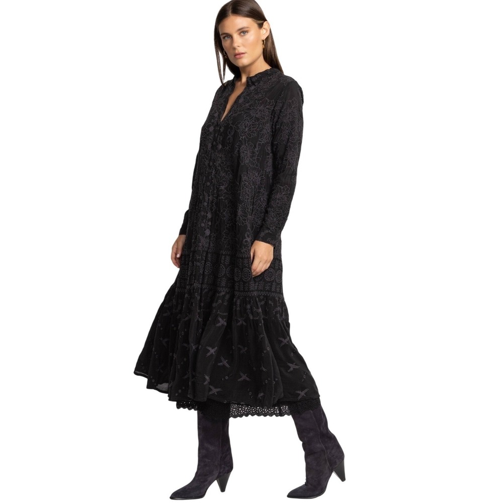 Johnny Was Martin Flyaway Black Embroidered and Bird Midi Dress